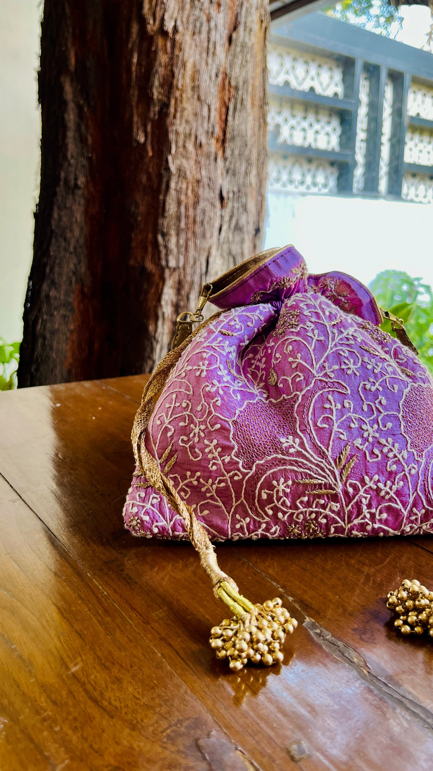 Purple Raw Silk Chikankari Polti Bags