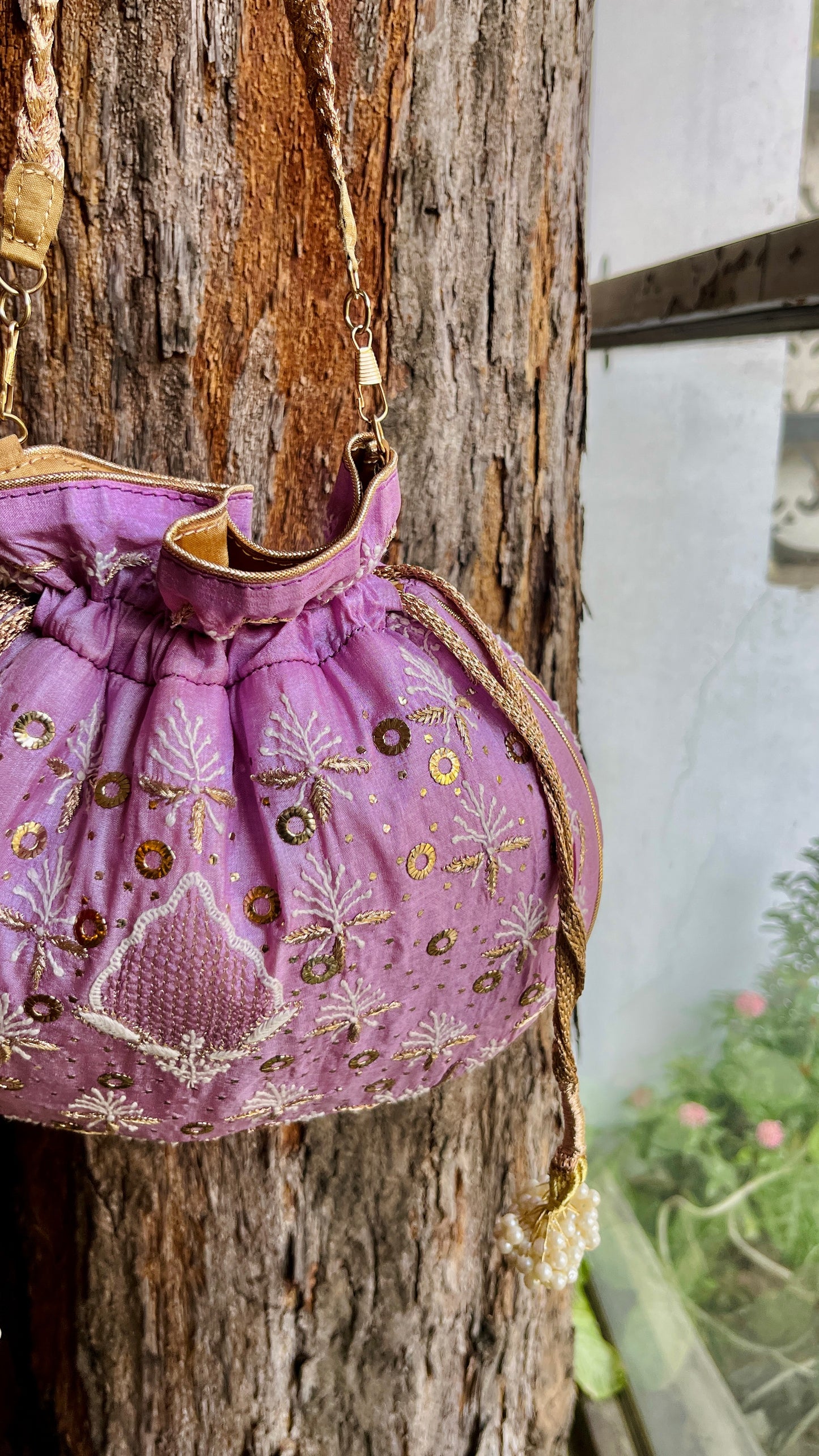Lavender Raw Silk Chikankari Polti Bags
