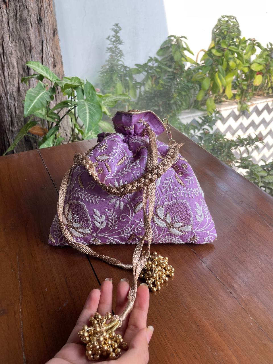 Purple Raw Silk Chikankari Polti Bags