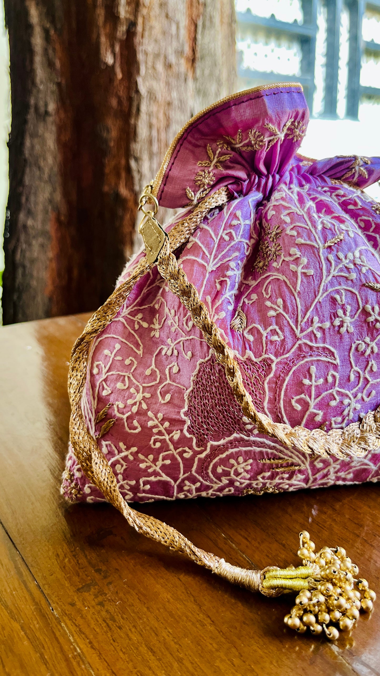 Purple Raw Silk Chikankari Polti Bags