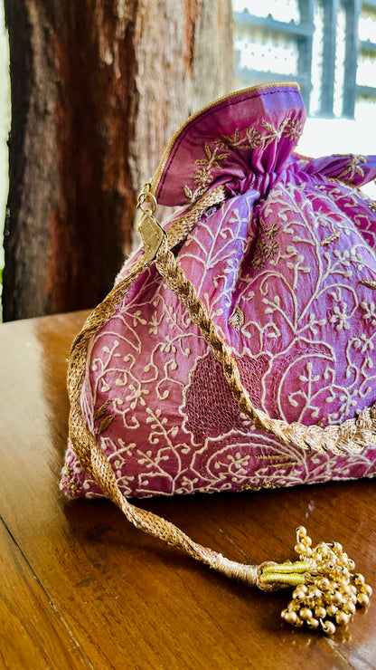 Purple Raw Silk Chikankari Polti Bags