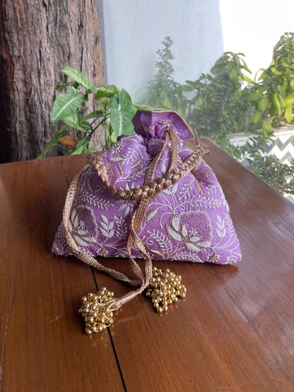Purple Raw Silk Chikankari Polti Bags