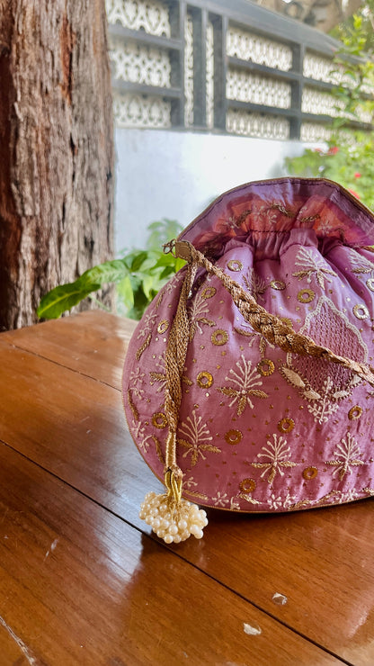 Lavender Raw Silk Chikankari Polti Bags