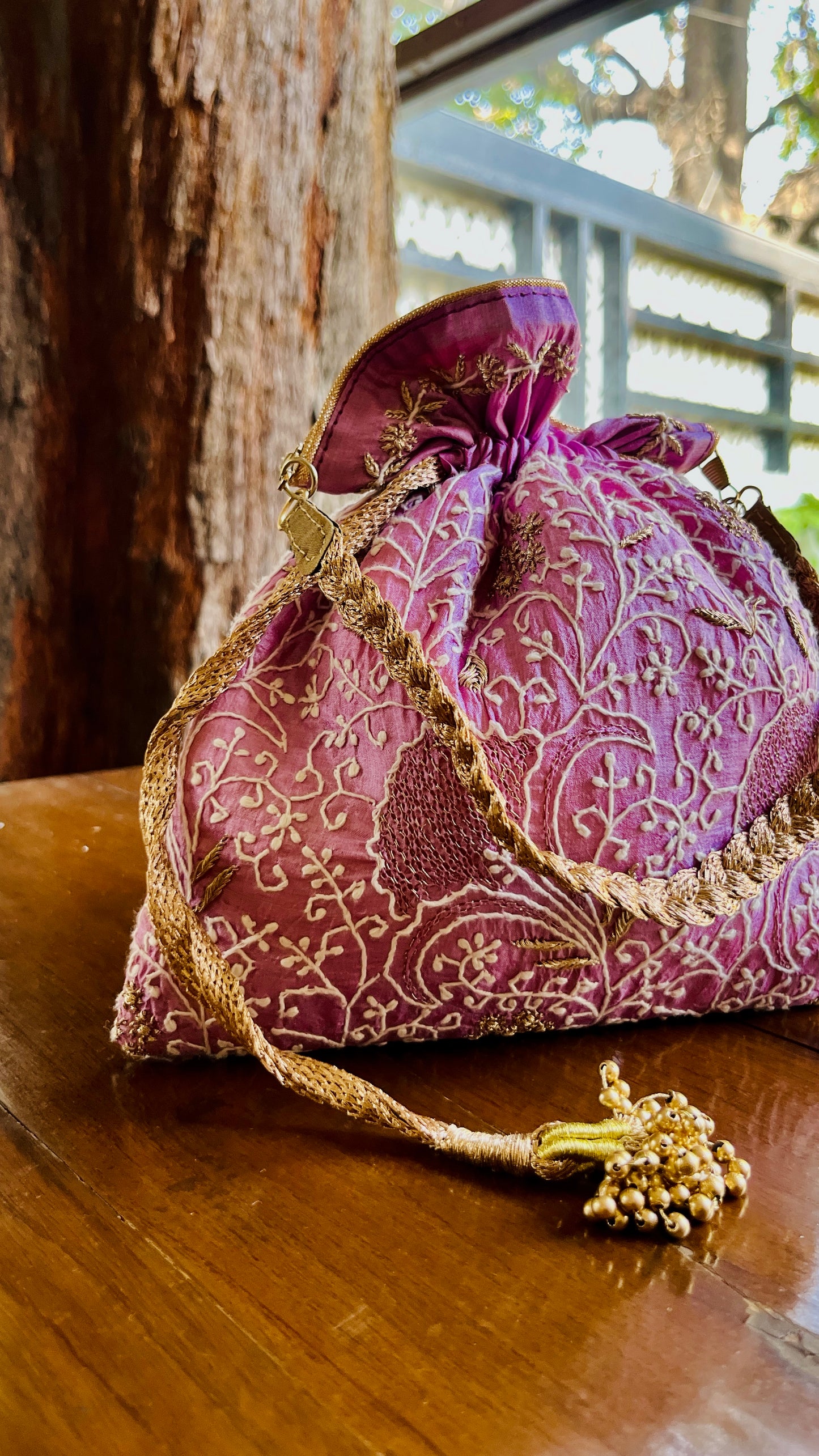 Purple Raw Silk Chikankari Polti Bags