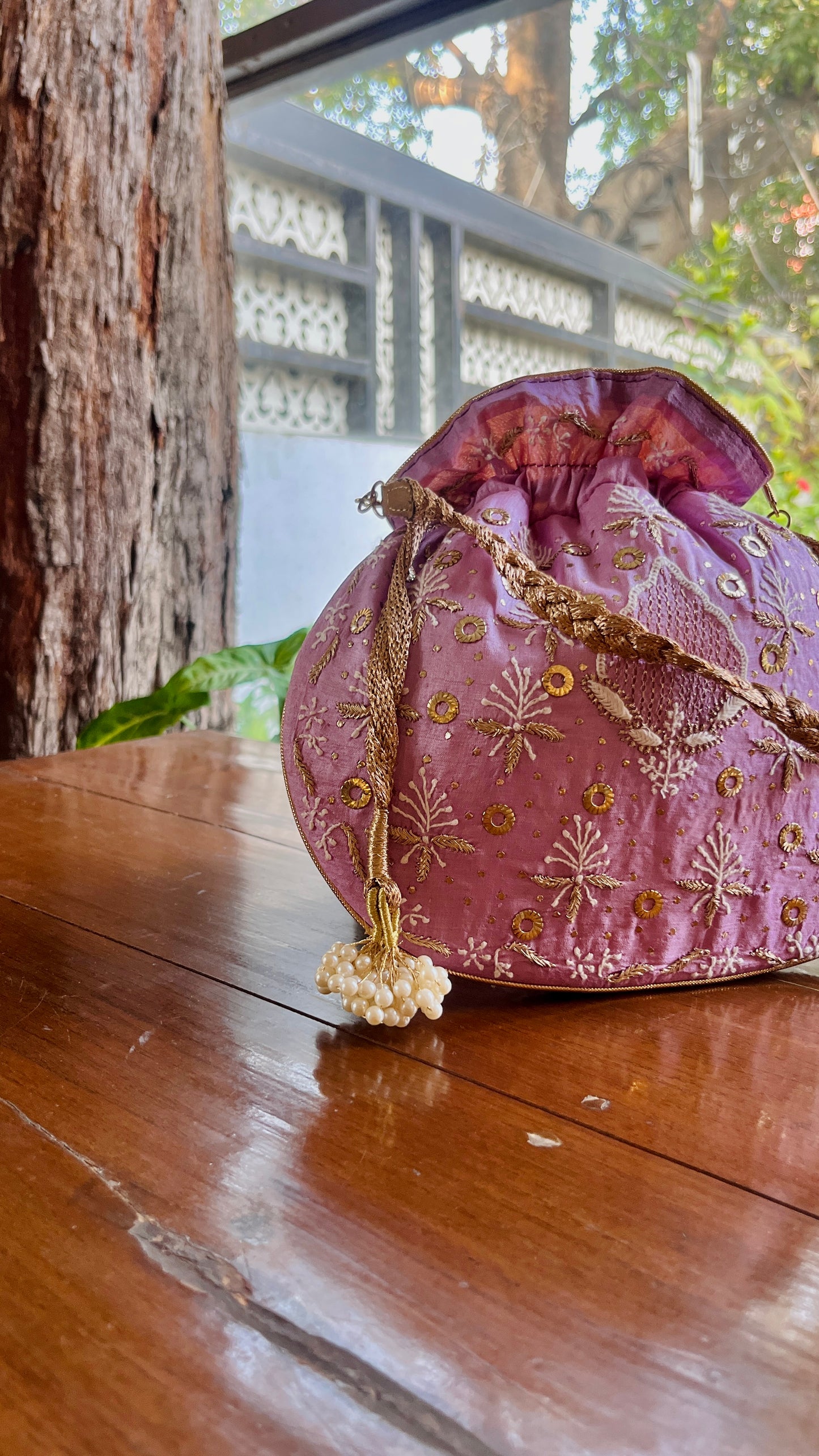 Lavender Raw Silk Chikankari Polti Bags