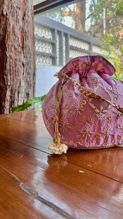 Lavender Raw Silk Chikankari Polti Bags