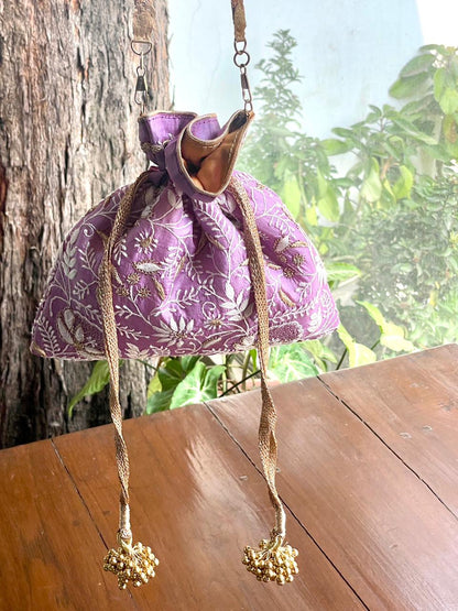 Purple Raw Silk Chikankari Polti Bags
