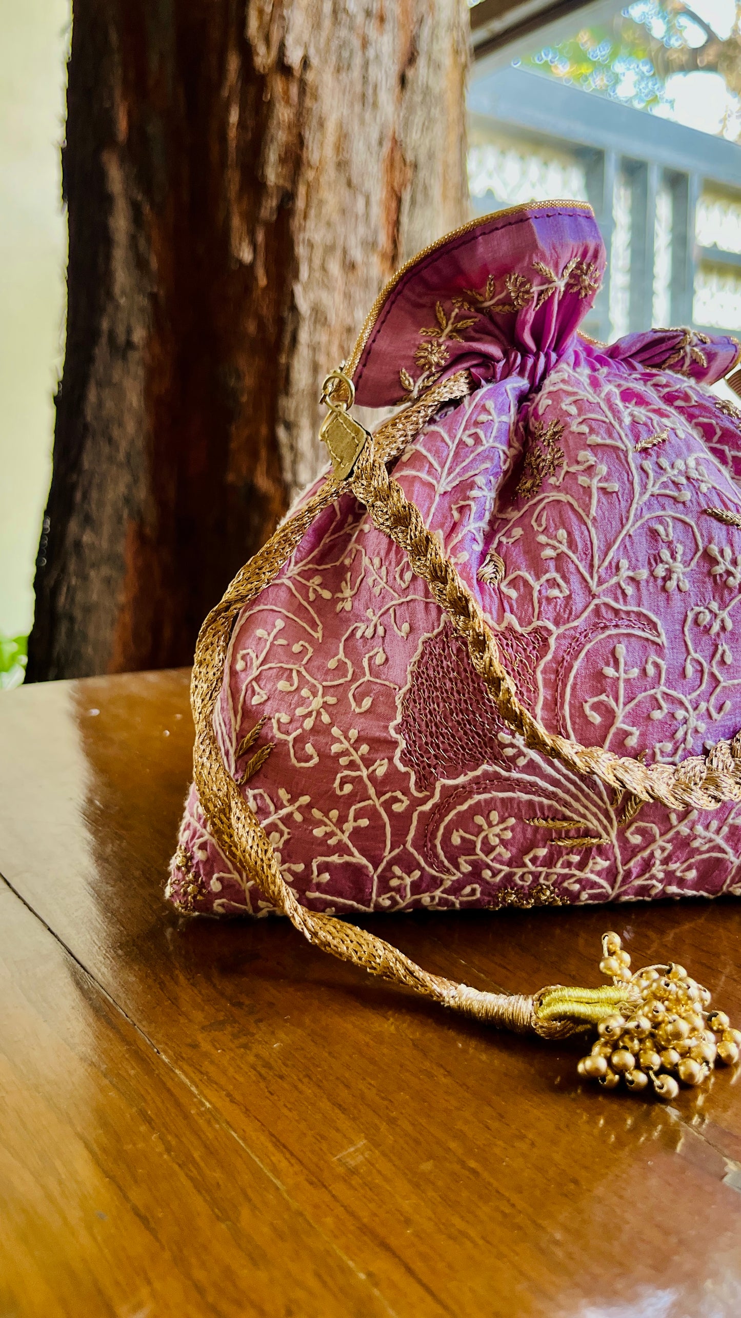 Purple Raw Silk Chikankari Polti Bags