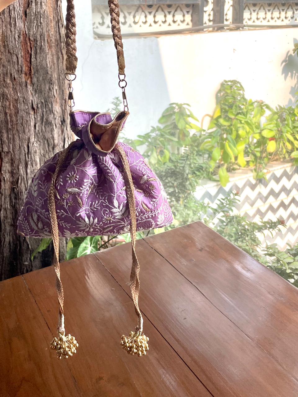 Purple Raw Silk Chikankari Polti Bags