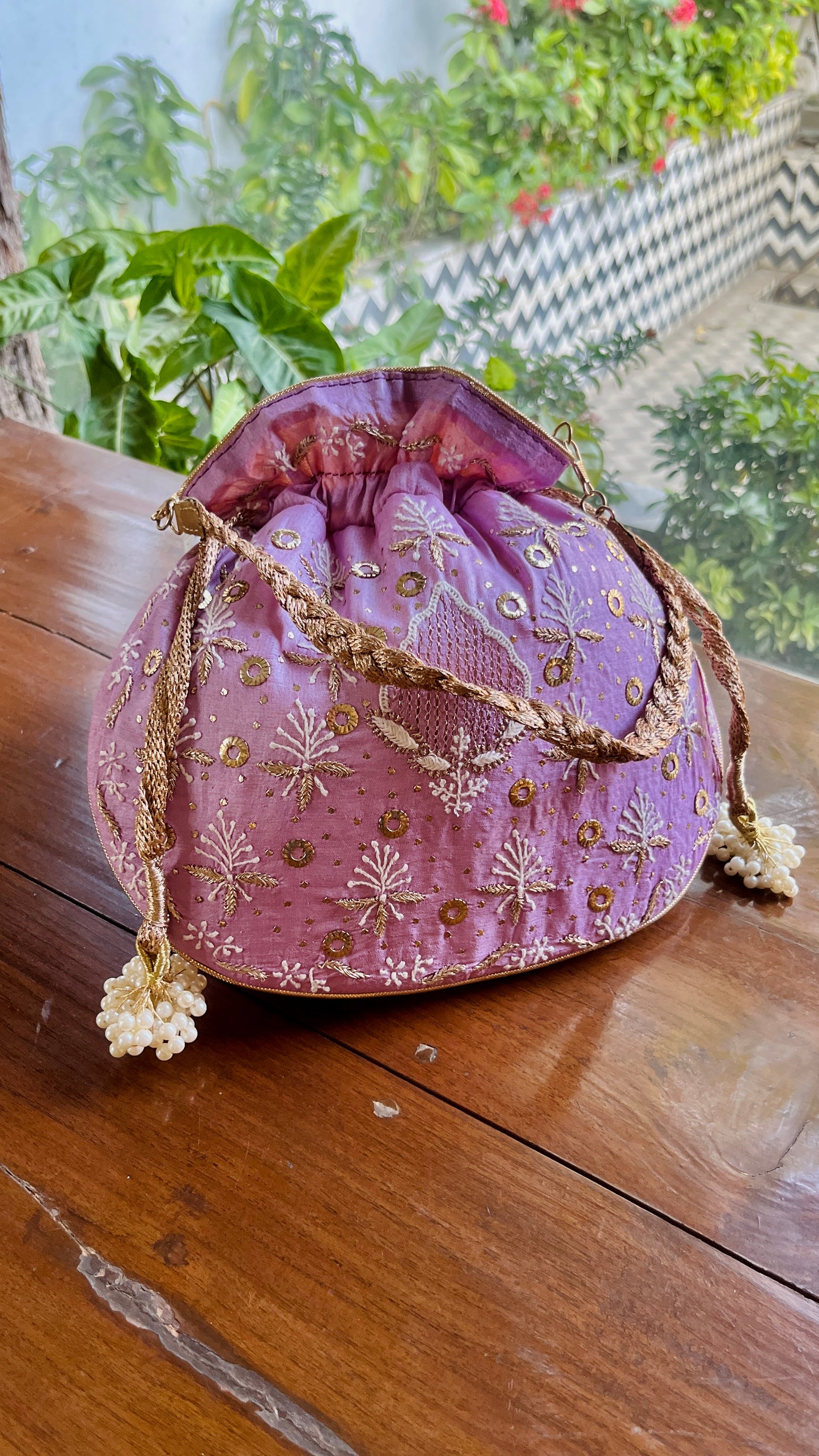 Lavender Raw Silk Chikankari Polti Bags