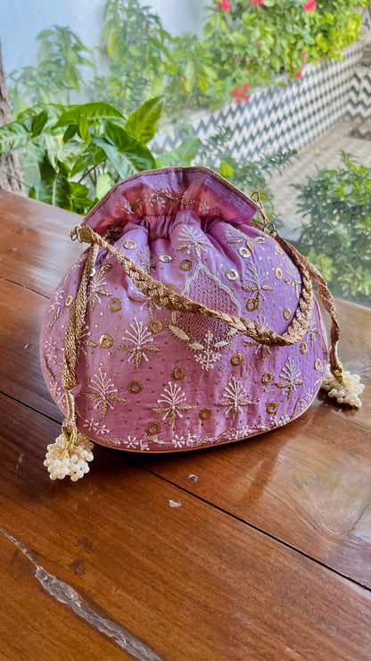 Lavender Raw Silk Chikankari Polti Bags