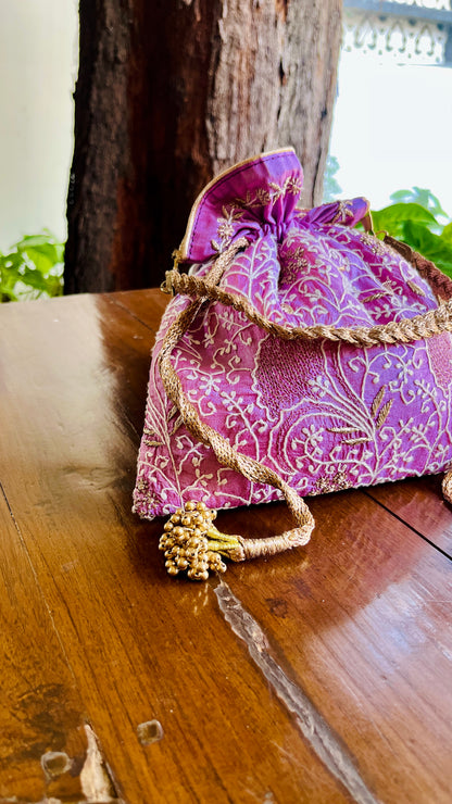 Purple Raw Silk Chikankari Polti Bags