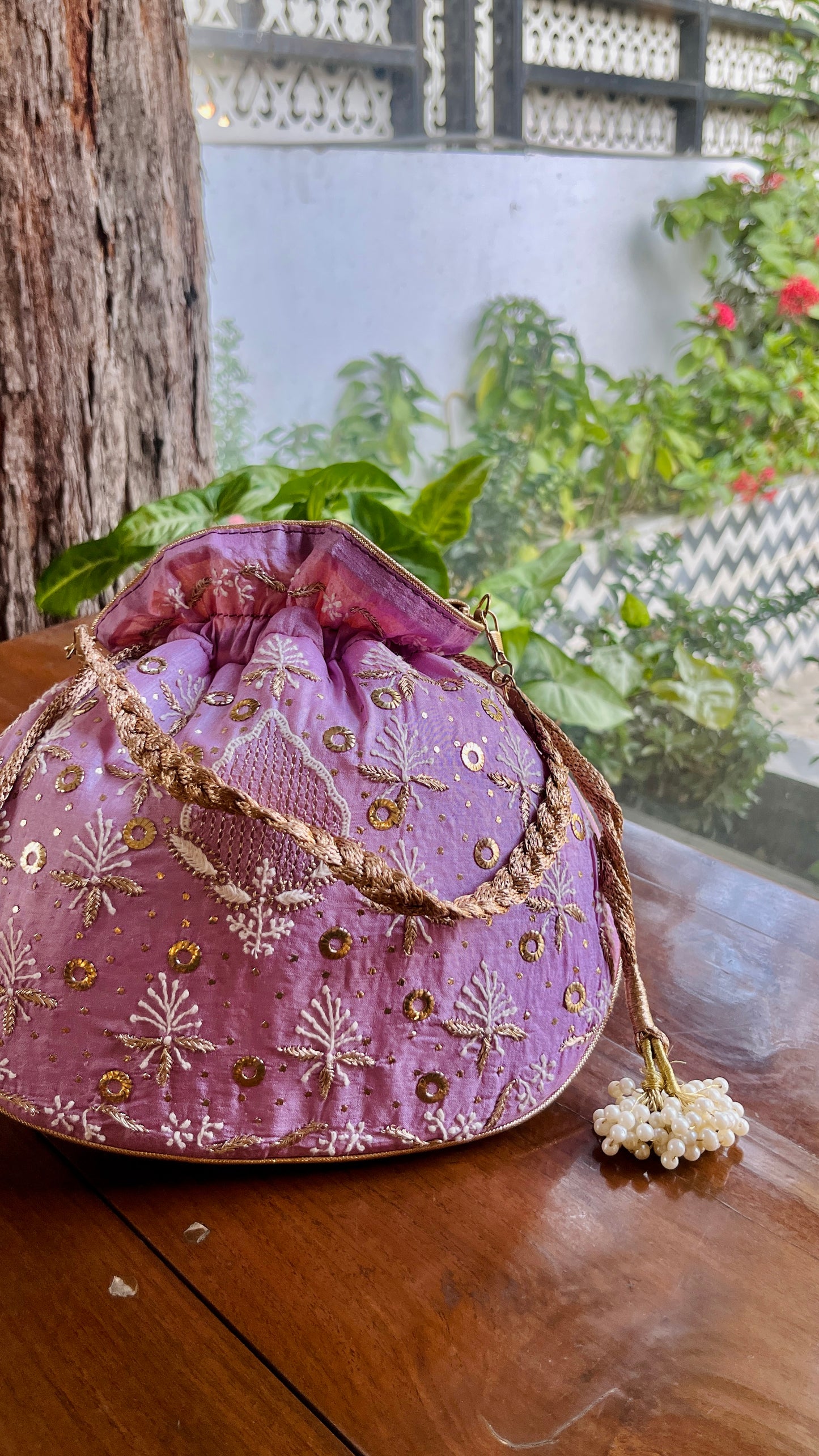 Lavender Raw Silk Chikankari Polti Bags