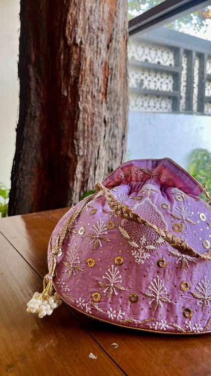 Lavender Raw Silk Chikankari Polti Bags