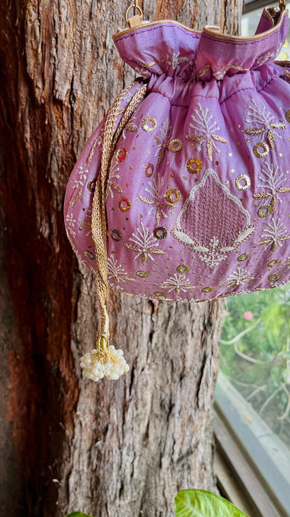 Lavender Raw Silk Chikankari Polti Bags