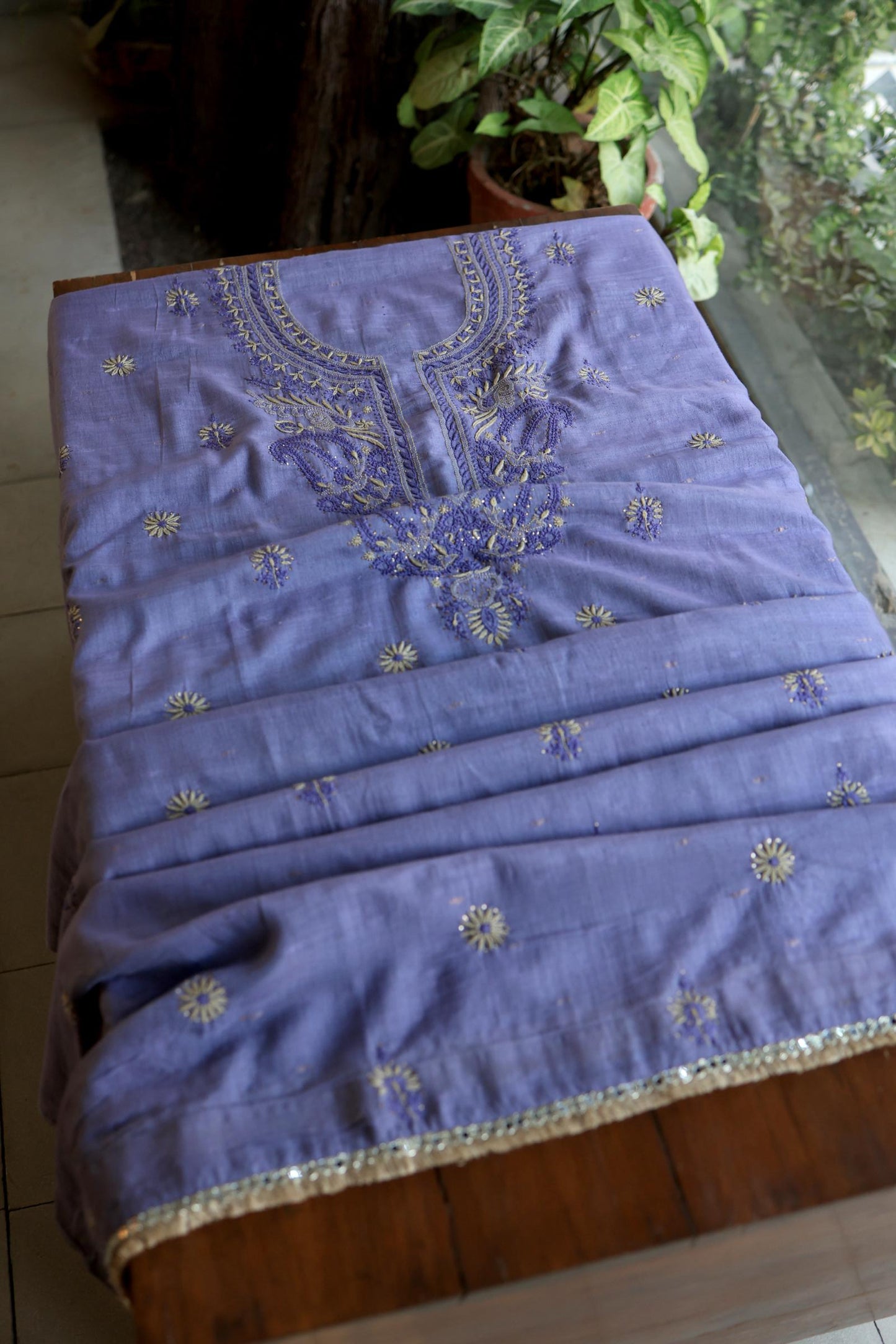 Purple Shade Jamdani X Chikankari Unstitched Fabric