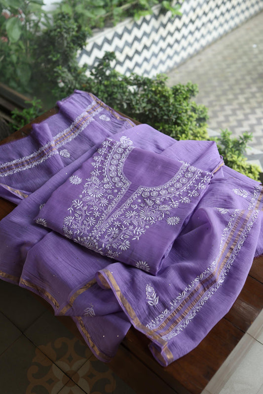 Purple Shade Mal Cotton Fine Chikankari Unstitched Fabric