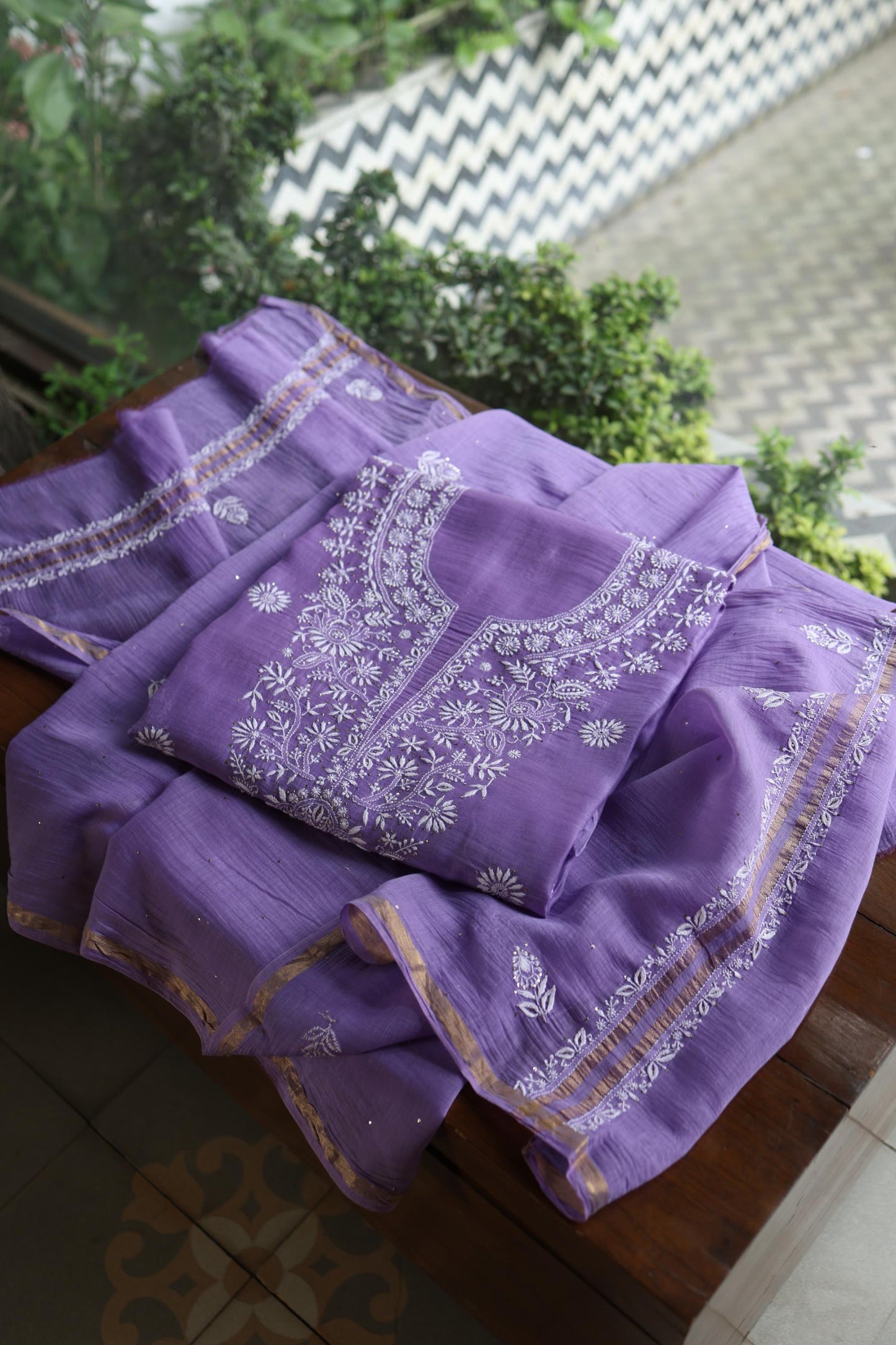 Purple Shade Mal Cotton Fine Chikankari Unstitched Fabric