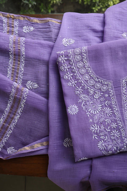 Purple Shade Mal Cotton Fine Chikankari Unstitched Fabric