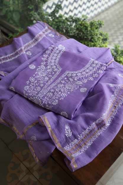 Purple Shade Mal Cotton Fine Chikankari Unstitched Fabric