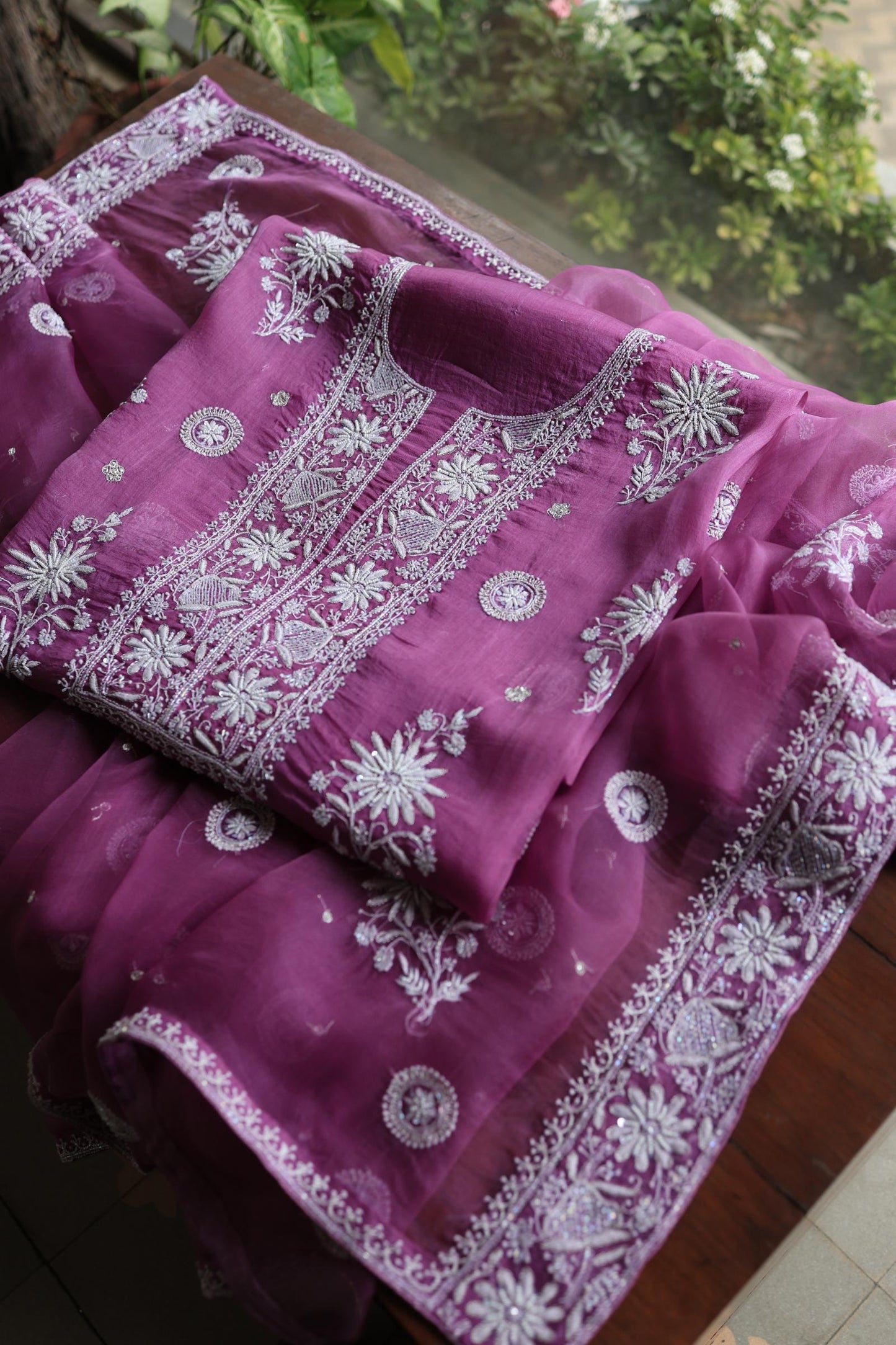 Purple Shade Noor Organza Silk Chikankari Unstitched Kurta Dupatta Set