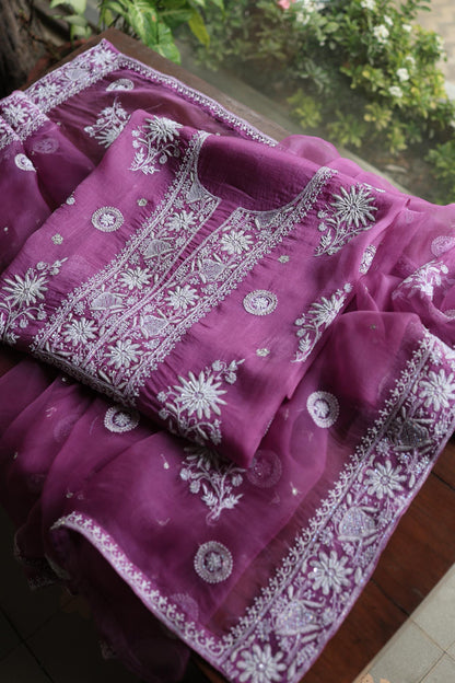 Purple Shade Noor Organza Silk Chikankari Unstitched Kurta Dupatta Set