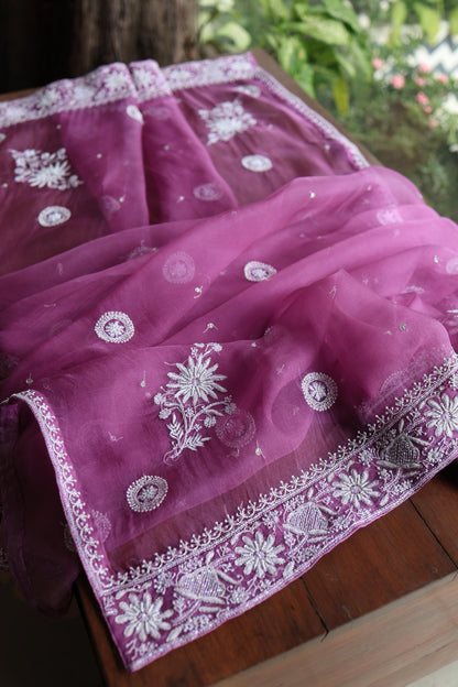 Purple Shade Noor Organza Silk Chikankari Unstitched Kurta Dupatta Set