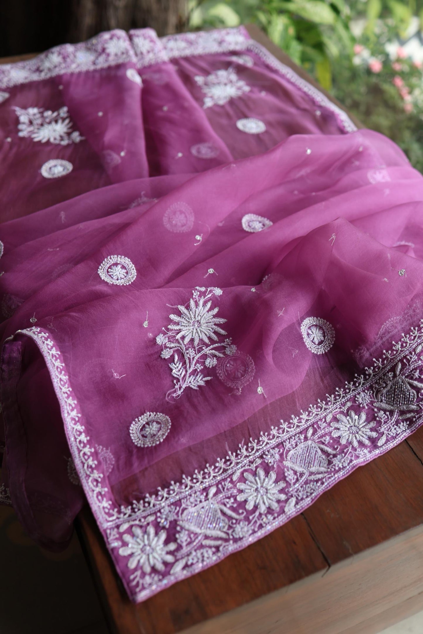 Purple Shade Noor Organza Silk Chikankari Unstitched Kurta Dupatta Set