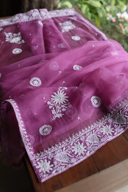 Purple Shade Noor Organza Silk Chikankari Unstitched Kurta Dupatta Set