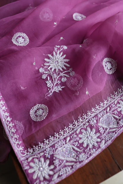 Purple Shade Noor Organza Silk Chikankari Unstitched Kurta Dupatta Set