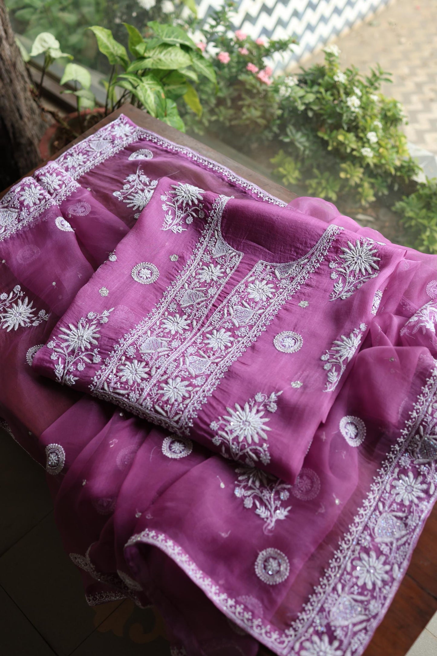 Purple Shade Noor Organza Silk Chikankari Unstitched Kurta Dupatta Set