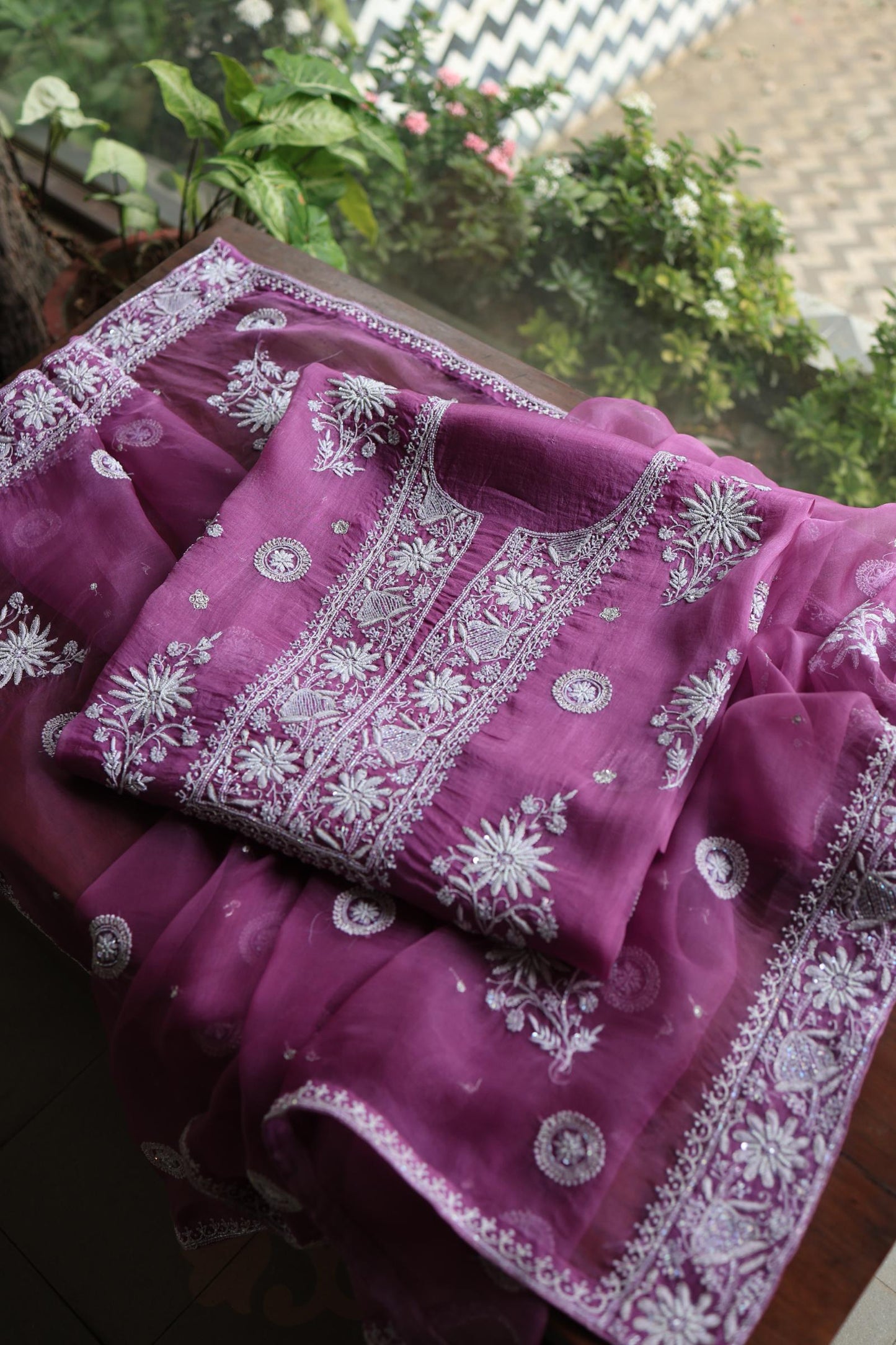 Purple Shade Noor Organza Silk Chikankari Unstitched Kurta Dupatta Set