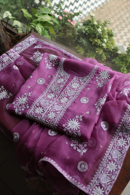 Purple Shade Noor Organza Silk Chikankari Unstitched Kurta Dupatta Set