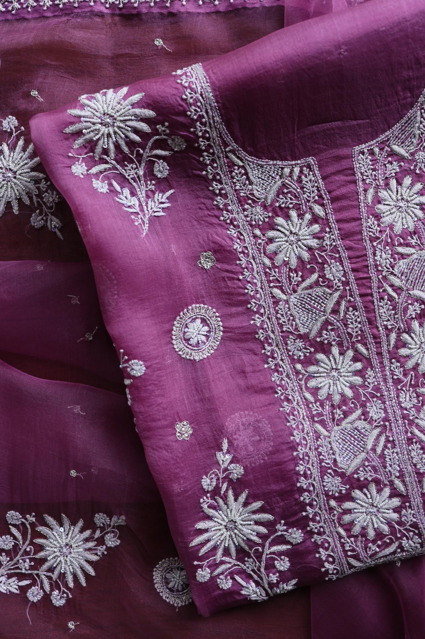 Purple Shade Noor Organza Silk Chikankari Unstitched Kurta Dupatta Set