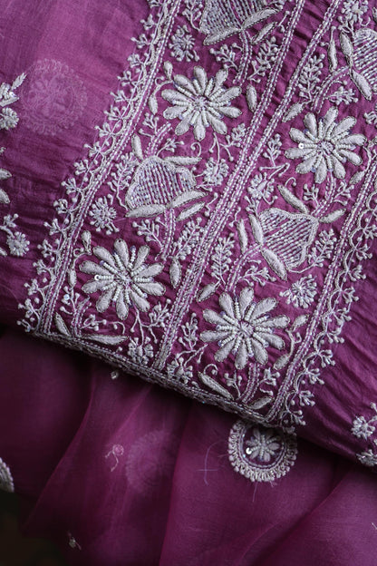 Purple Shade Noor Organza Silk Chikankari Unstitched Kurta Dupatta Set