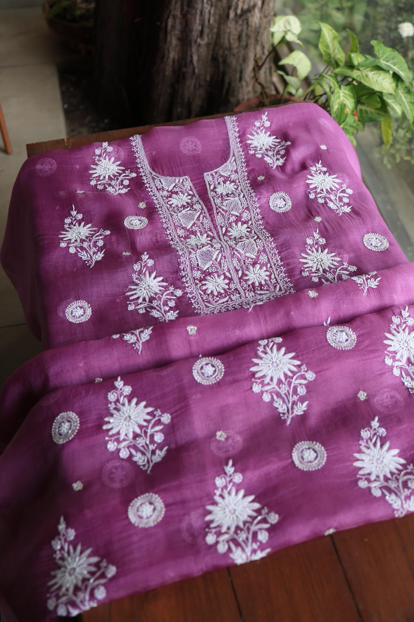 Purple Shade Noor Organza Silk Chikankari Unstitched Kurta Dupatta Set