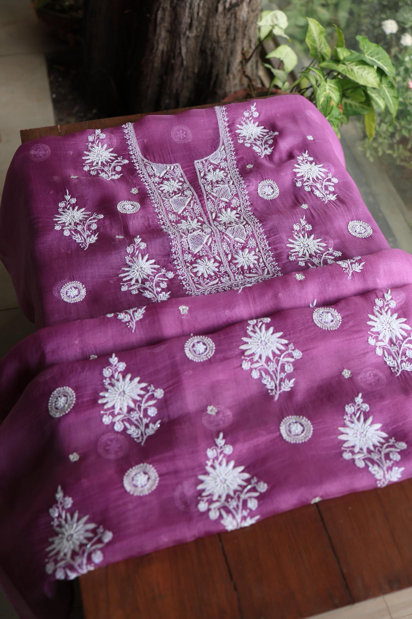 Purple Shade Noor Organza Silk Chikankari Unstitched Kurta Dupatta Set