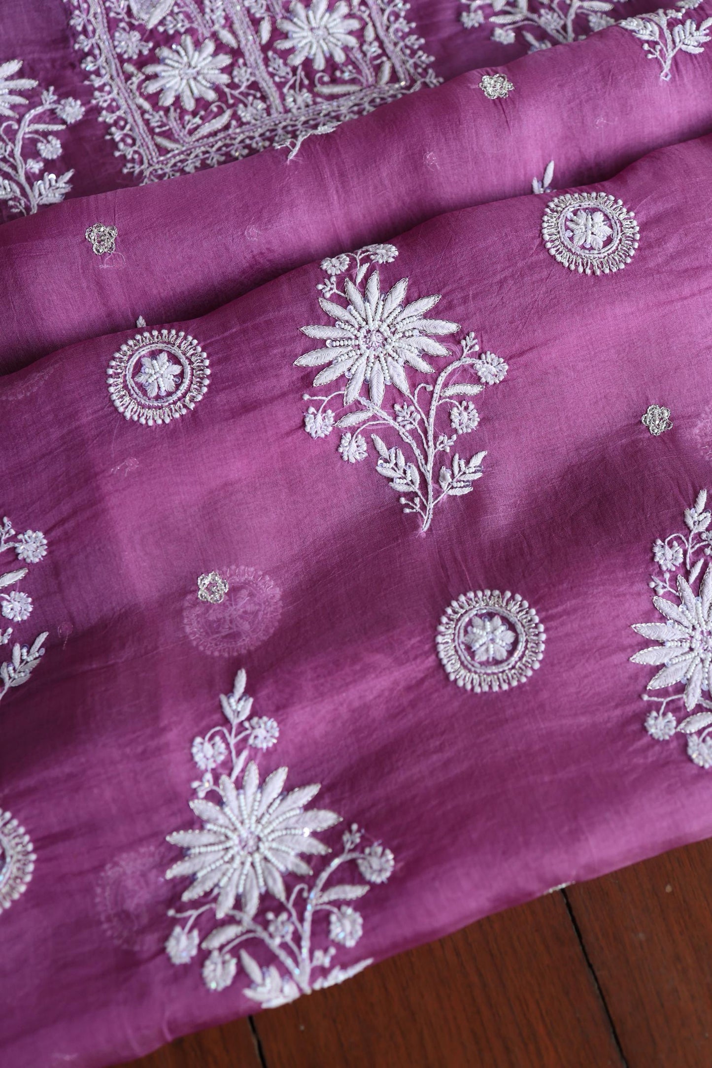 Purple Shade Noor Organza Silk Chikankari Unstitched Kurta Dupatta Set