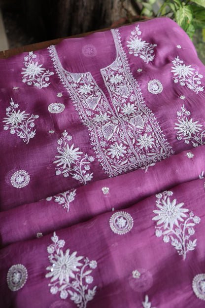 Purple Shade Noor Organza Silk Chikankari Unstitched Kurta Dupatta Set