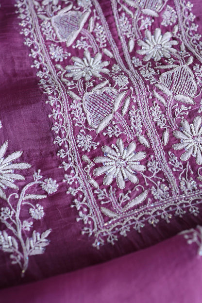 Purple Shade Noor Organza Silk Chikankari Unstitched Kurta Dupatta Set