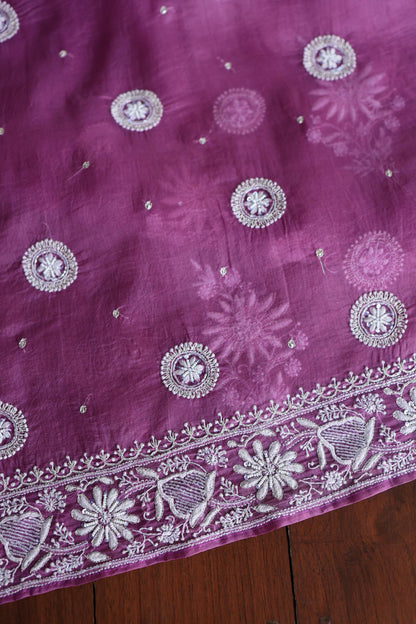 Purple Shade Noor Organza Silk Chikankari Unstitched Kurta Dupatta Set