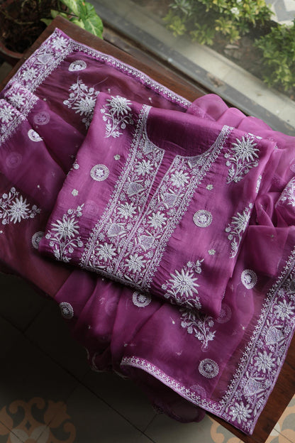 Purple Shade Noor Organza Silk Chikankari Unstitched Kurta Dupatta Set