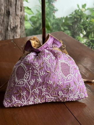 Purple Silk Chikankari Ari & Kasab Work Potli Bag