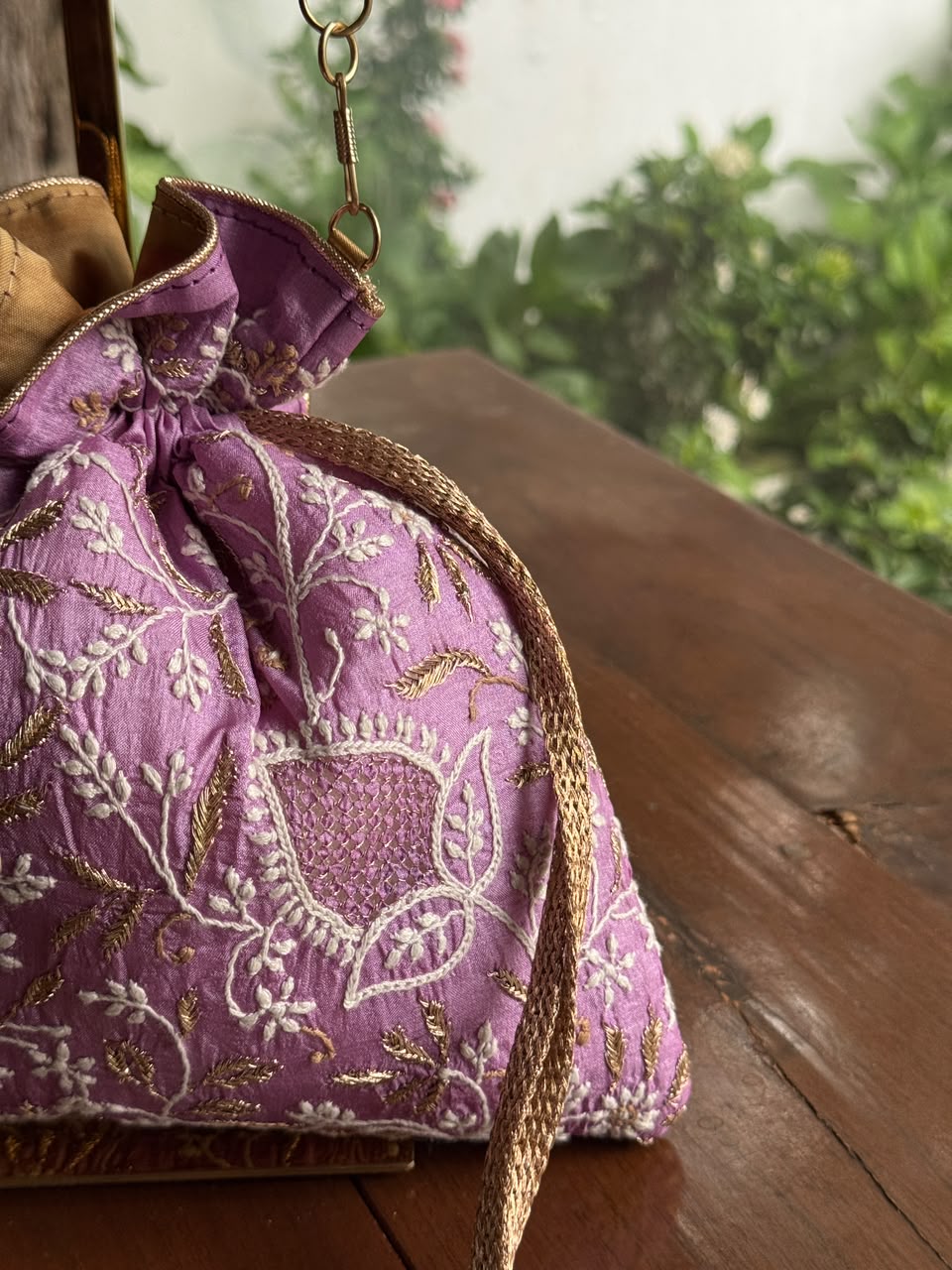 Purple Silk Chikankari Ari & Kasab Work Potli Bag