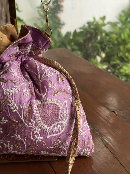 Purple Silk Chikankari Ari & Kasab Work Potli Bag