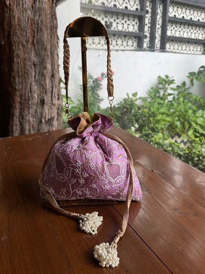 Purple Silk Chikankari Ari & Kasab Work Potli Bag