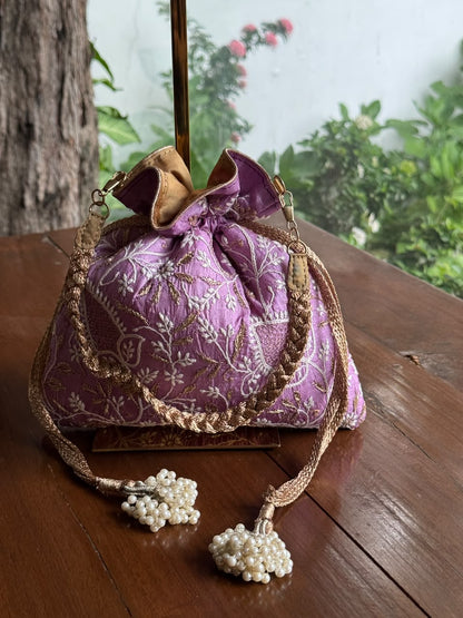 Purple Silk Chikankari Ari & Kasab Work Potli Bag