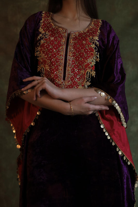 Purple | Silk Velvet Zardozi Kaftan