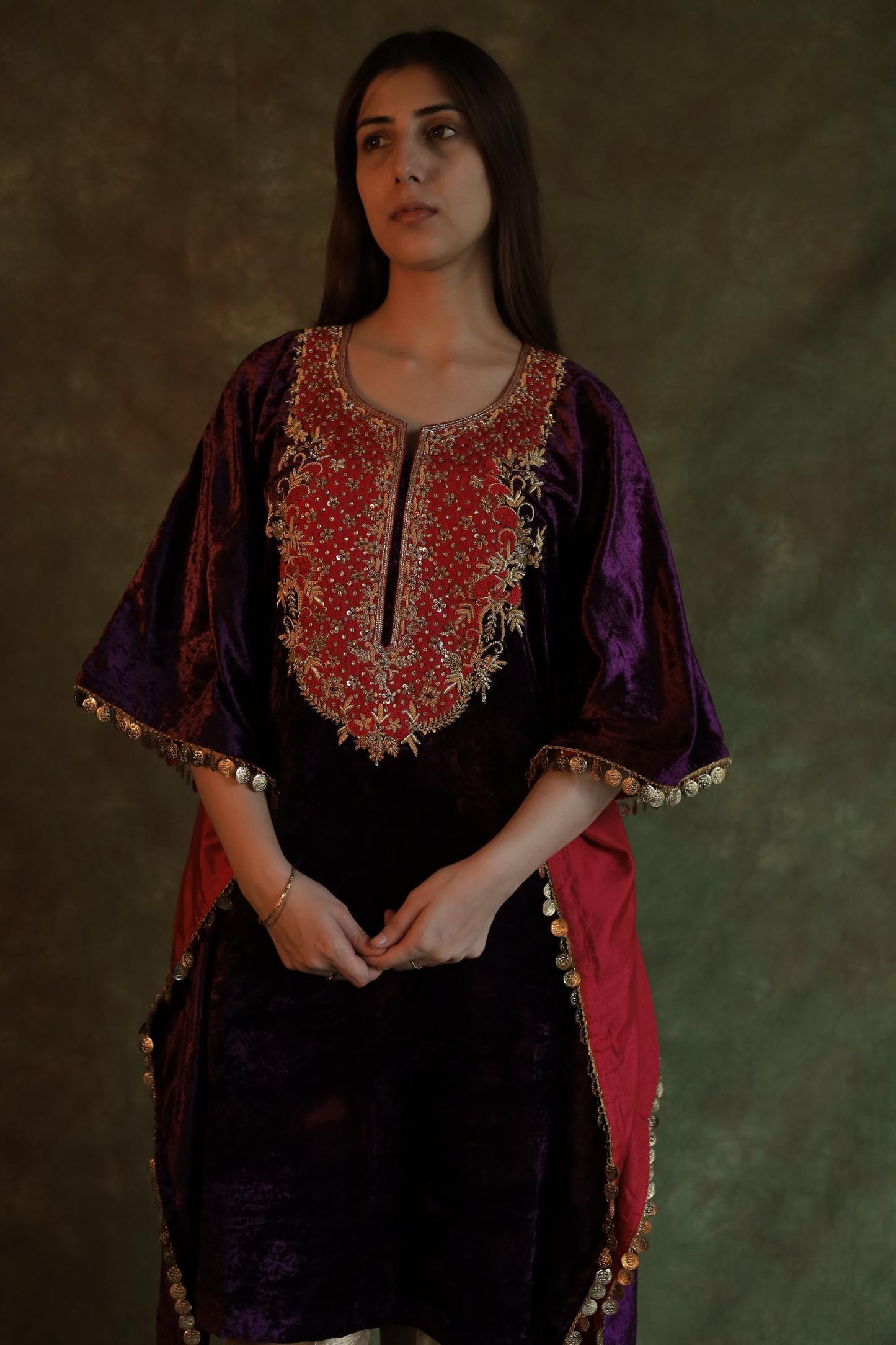 Purple | Silk Velvet Zardozi Kaftan