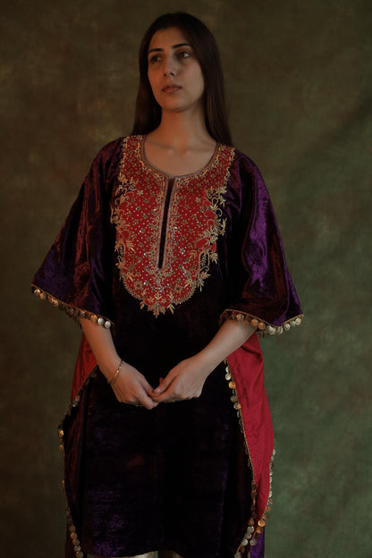 Purple | Silk Velvet Zardozi Kaftan